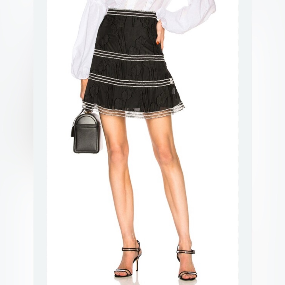 Alexis Kamryn Mini Skirt Flared Embroidered Floral Organza Lace Black White S
